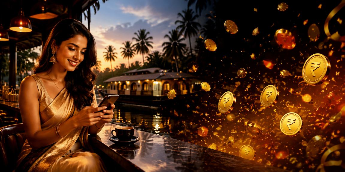 Mobile casino user playing safely with Indian Rupee on Kerala backwaters